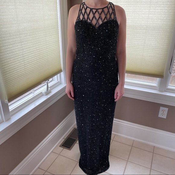 Beaded Sequined Formal Dress 100% Silk Black Floor Length Homecoming Gown 6 - Picture 3 of 14